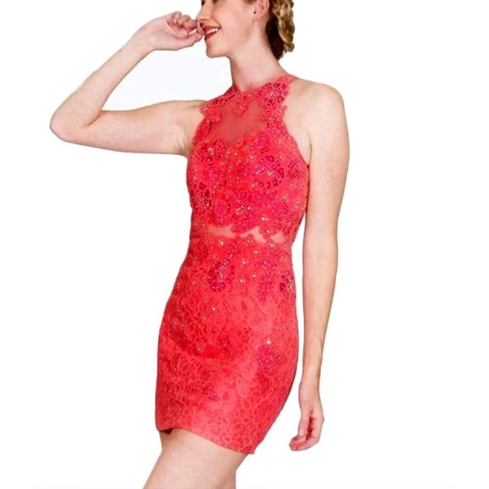 Cinderella Divine‎ Lace Applique Illusion Midriff Sheath Short Womans 8
